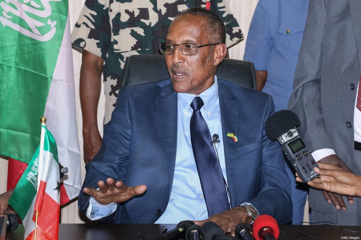 Newly elected Somaliland's President Muse Bihi Abdi from the ruling Kulmiye Party speaks during press conference in Hargeisa, Somaliland, on November 21, 2017. Muse Bihi from the ruling Kulmiye party was on November 21 declared the winner of last week's presidential poll in the self-proclaimed state of Somaliland, election officials said. / AFP PHOTO / STR (Photo credit should read STR/AFP via Getty Images)