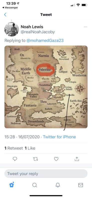 A tweet by Noah Lewis placing Palestine on a fictional map of countries from well-known films such as The Lord of the Rings and Game of Thrones
