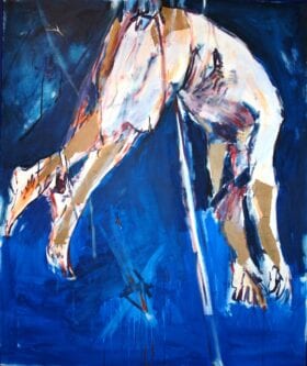 The Hanging by Yousef Fetis 2011 - an iconic piece that was produced while NATO forces was bombarding Tripoli and the image depicts the fall of a dictator and also the state of the country and it's fate just hanging. It was one of the artworks exhibited at Noon Arts first exhibition in London at the Arab British Centre 2012 [image: Najlaa Elageli]