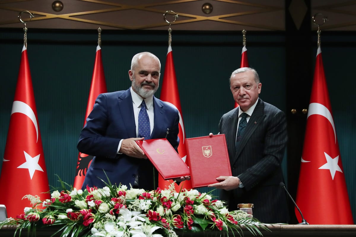 President of Turkey, Recep Tayyip Erdogan (R) and Albanian Prime Minister Edi Rama are seen after signing agreements between two countries following inter-committee meetings at the Presidential Complex in Ankara, Turkey on January 6, 2021 [TUR Presidency /Murat Cetinmuhurdar - Anadolu Agency]