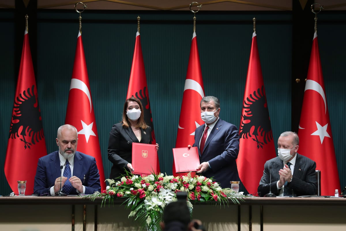 ANKARA, TURKEY - JANUARY 6: President of Turkey, Recep Tayyip Erdogan (R) and Albanian Prime Minister Edi Rama (L) are seen after agreement signing ceremony between two countries following inter-committee meetings at the Presidential Complex in Ankara, Turkey on January 6, 2021. ( Mustafa Kamacı - Anadolu Agency )