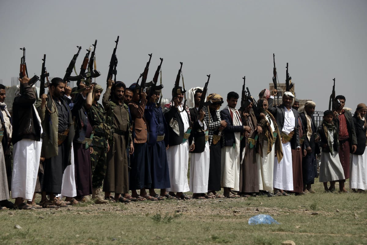 Yemeni protesters who are loyal to the Houthi group participate in a rally against the announcement of the diplomatic normalisation between Israel and the United Arab Emarite on 22 August 2020 in Sana'a, Yemen [Mohammed Hamoud/Getty Images]