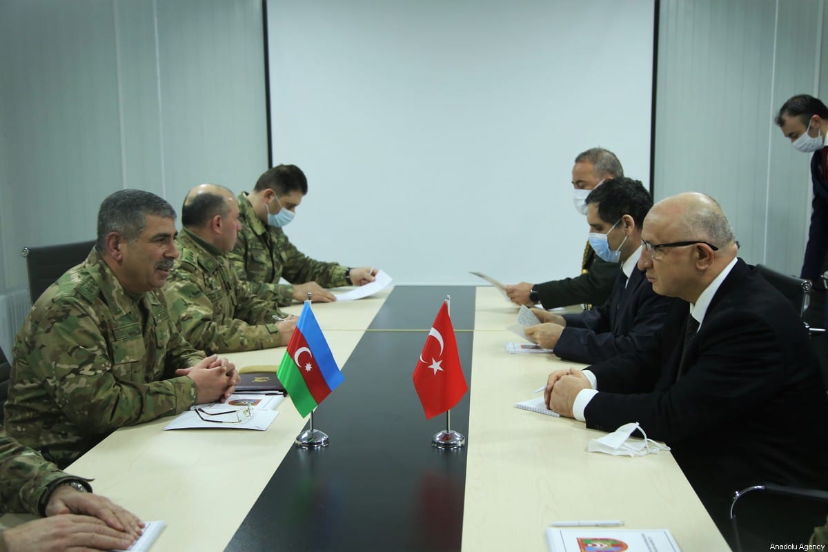 Azerbaijani Defense Minister Zakir Hasanov, Russian Deputy Defense Minister Aleksandr Fomin, Turkish deputy National Defense Minister Yunus Emre Karaosmanoglu and other officials on January 30, 2021 [Resul Rehimov/Anadolu Agency]