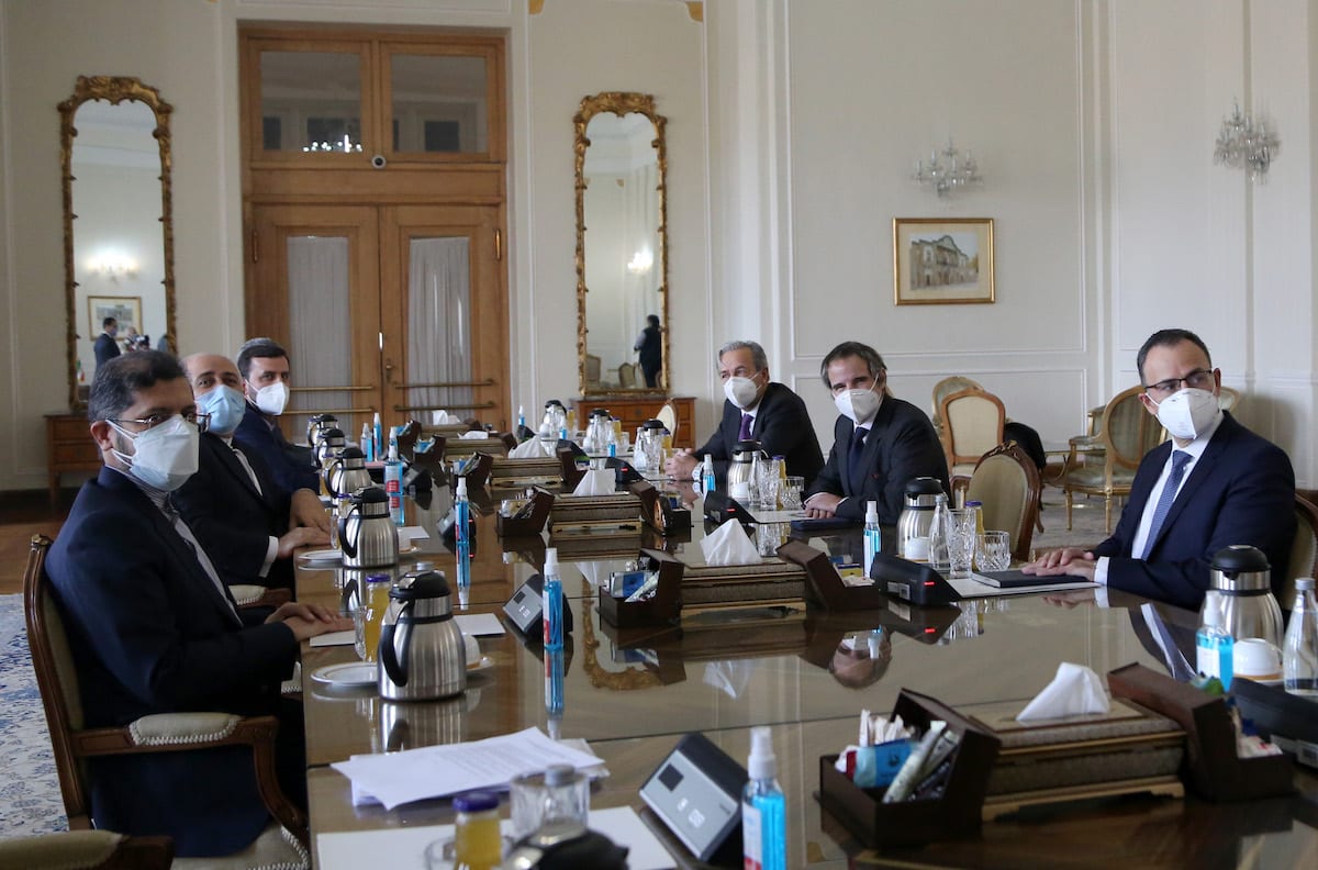 Director General of the International Atomic Energy Agency (IAEA) Rafael Mariano Grossi meets Iranian Foreign Minister Mohammad Javad Zarif at foreign Ministry building during his official visit in Tehran, Iran on 21 February 2021. [Fatemeh Bahrami - Anadolu Agency]