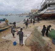 Palestinian fishermen in Gaza find an abundance of fish following days of high winds and rough seas grounded them, on 19 February 2021 [Mohammed Asad/Middle East Monitor]