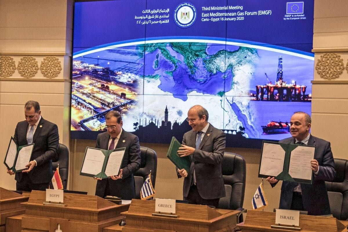 Israeli Energy Minister Yuval Steinitz (R), Greece's Energy Minister Kostis Hatzidakis (2nd-R), Egyptian Minister of Petroleum Tarek el-Molla (2nd-L) and Cypriot Energy Minister Yiorgos Lakkotrypis (L) attend the East Mediterranean Gas Forum (EMGF), in Cairo, on 16 January 2020. [KHALED DESOUKI/AFP via Getty Images]