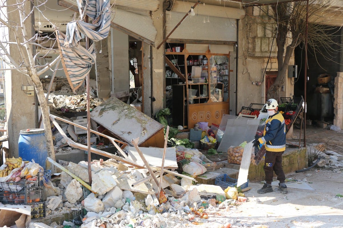 A view of the damaged houses and workplaces after an artillery attack by the Assad regime in Idlib, Syria on 11 February 2021 [Ahmet Hatib/Anadolu Agency]