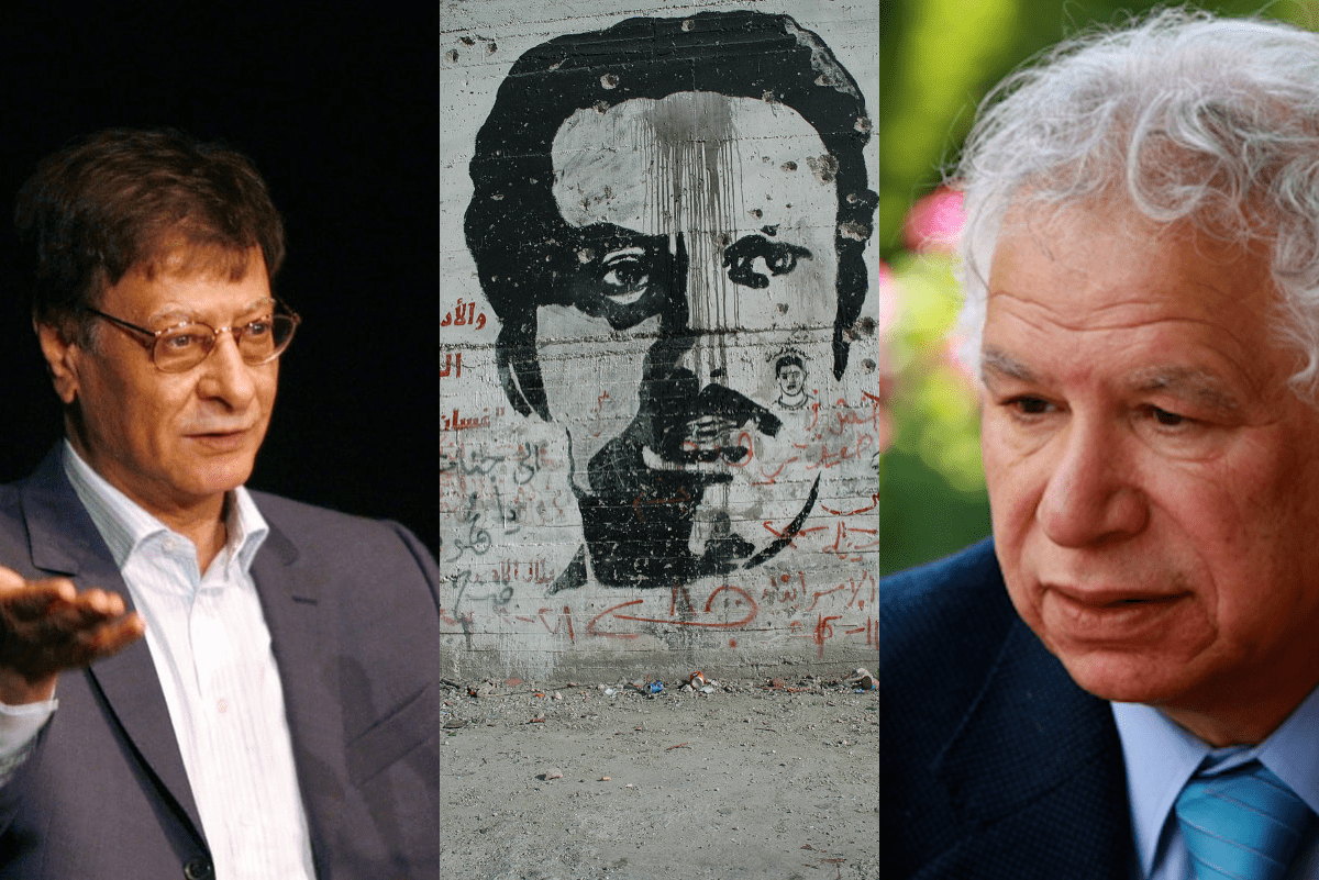 Mahmoud Darwish (L) [COHEN MAGEN/AFP via Getty Images] / Ghassan Kanafani graffiti (C) [Wikipedia] / Mourid Barghouti (R)[Wikipedia]