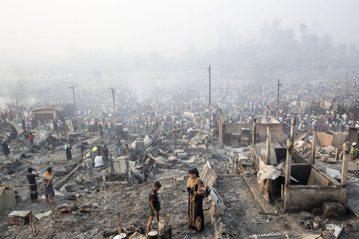 A view from the Rohingya refugee camp after a big fire swept through the camp and destroyed thousands of homes in Cox’s Bazar, Bangladesh on 24 March 2021 [Stringer/Anadolu Agency]