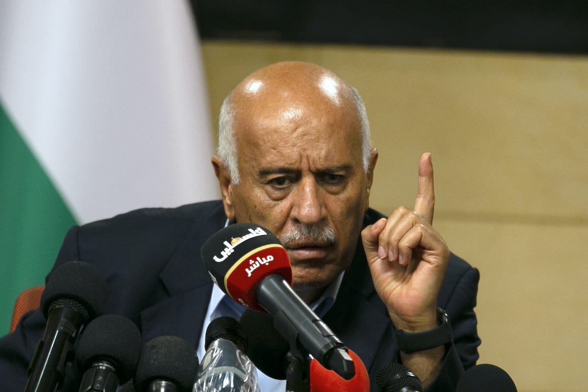 Senior Fatah official Jibril Rajoub, in the West Bank city of Ramallah, attends by video conference a meeting with deputy Hamas chief Saleh Arouri (unseen) discussing Israel's plan to annex parts of the Israeli-occupied West Bank, on 2 July 2020. [ABBAS MOMANI/AFP via Getty Images]