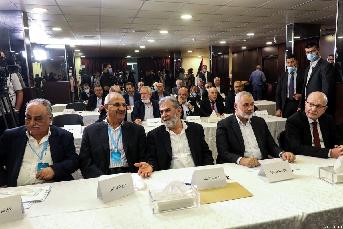 (L to R) Deputy Secretary-General of the Popular Front for the Liberation of Palestine (PFLP) Abu Ahmad Fuad, Assistant Secretary-General of the Popular Front for the Liberation of Palestine-General Command (PFLP-GC) Talal Naji, Secretary-General of the Islamic Jihad Movement in Palestine Ziad al-Nakhala, Hamas chief Ismail Haniyeh, and Deputy Secretary-General of the Democratic Front for the Liberation of Palestine (DFLP) Fahd Suleiman on September 3, 2020 [ANWAR AMRO/AFP via Getty Images]