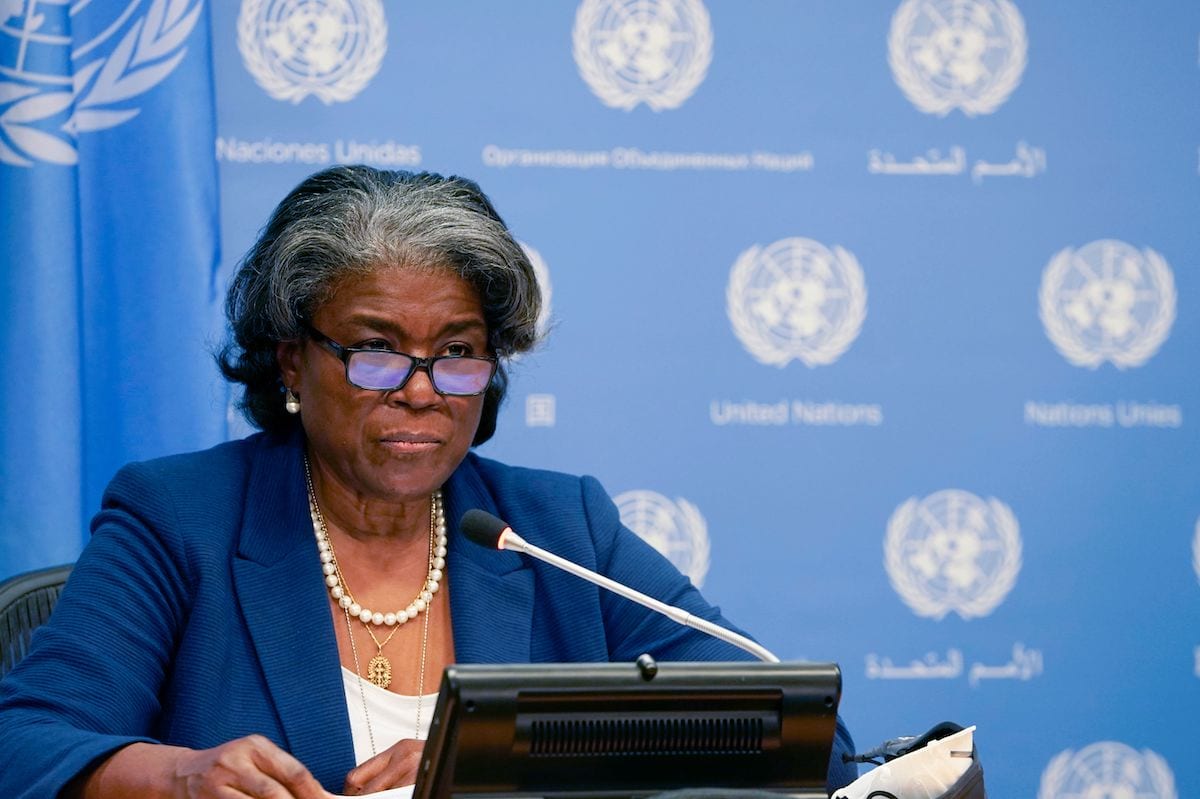 US ambassador to the United Nations, Linda Thomas-Greenfield, and President of the Security Council speaks during a press conference for the Security Council programme of work in March at the UN Headquarters in New York on 1 March 2021. [TIMOTHY A. CLARY/AFP via Getty Images]