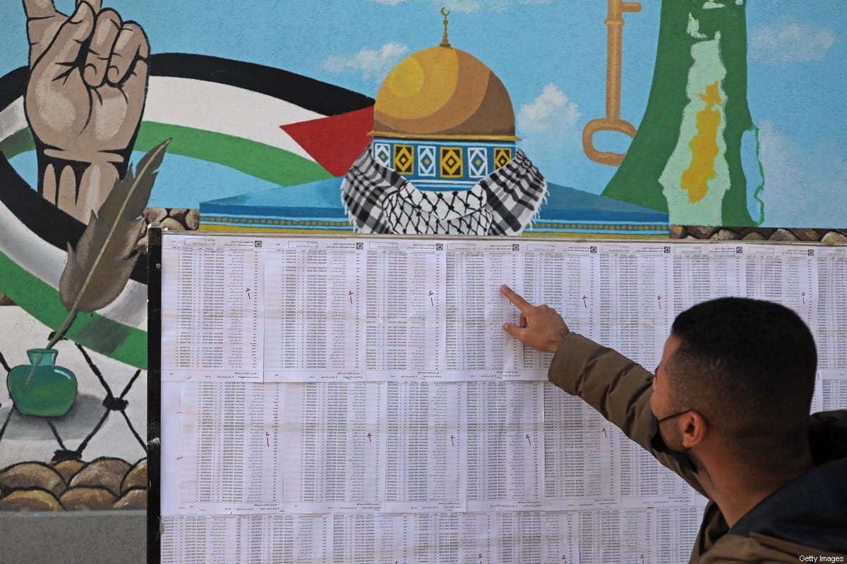 A Palestinian man looks for his name on the electoral roll at a school in Gaza City on March 3, 2021, ahead of the first Palestinian elections [MOHAMMED ABED/AFP/Getty Images]