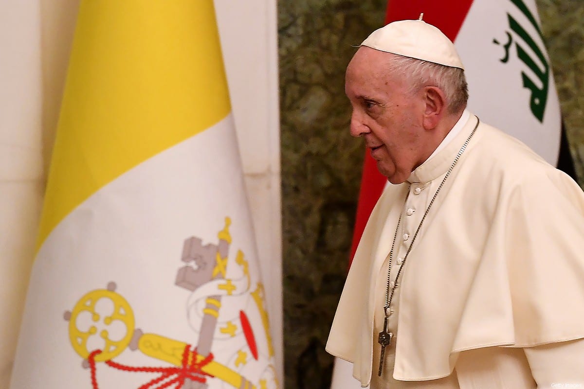 Pope Francis is pictured at the presidential palace in Baghdad on March 5, 2021 on the first papal visit to Iraq [VINCENZO PINTO/AFP via Getty Images]