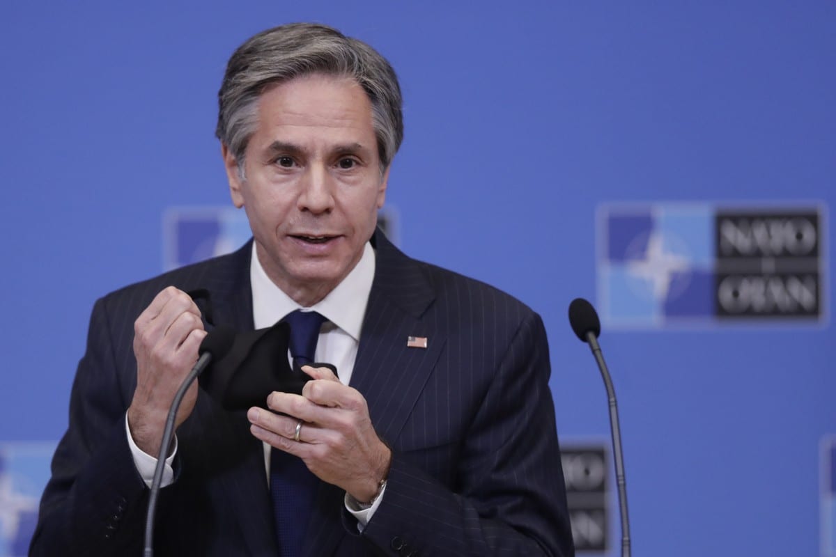 BRUSSELS, BELGIUM - MARCH 24: US Secretary of State Antony Blinken gives a press briefing at the end of a NATO Foreign Ministers' meeting at the Alliance's headquarters in Brussels, Belgium, 24 March 2021. The foreign ministers met in person for the first time in more than a year. They prepared for an upcoming summit by discussing a set of proposals to reform the military alliance. ( Olivier Hoslet / Pool - Anadolu Agency )