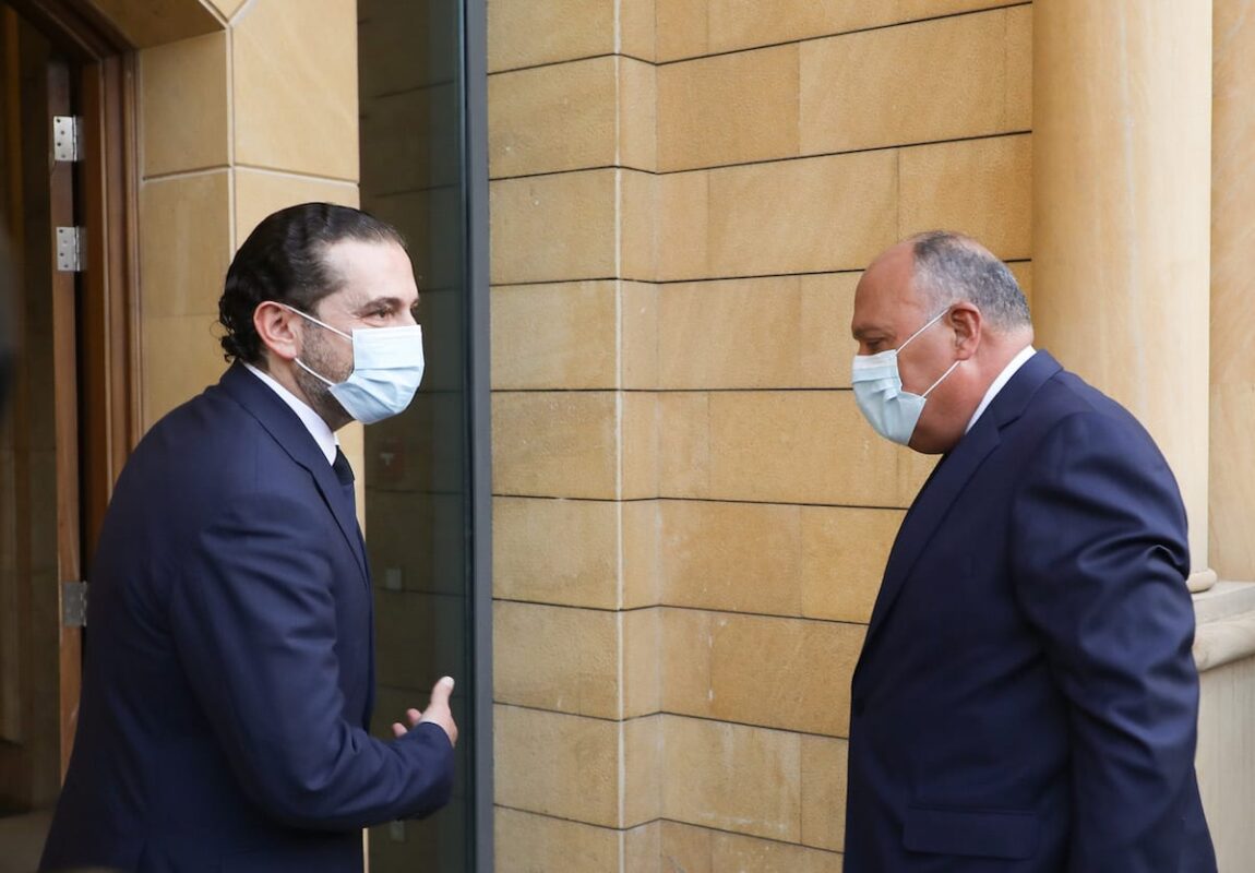 Minister of Foreign Affairs of Egypt, Sameh Shoukry (R) welcomed by Lebanese Prime Minister-designate Saad Hariri (L) during an official visit in Beirut, Lebanon on 7 April 2021. [Saad Hariri Press Office - Anadolu Agency]