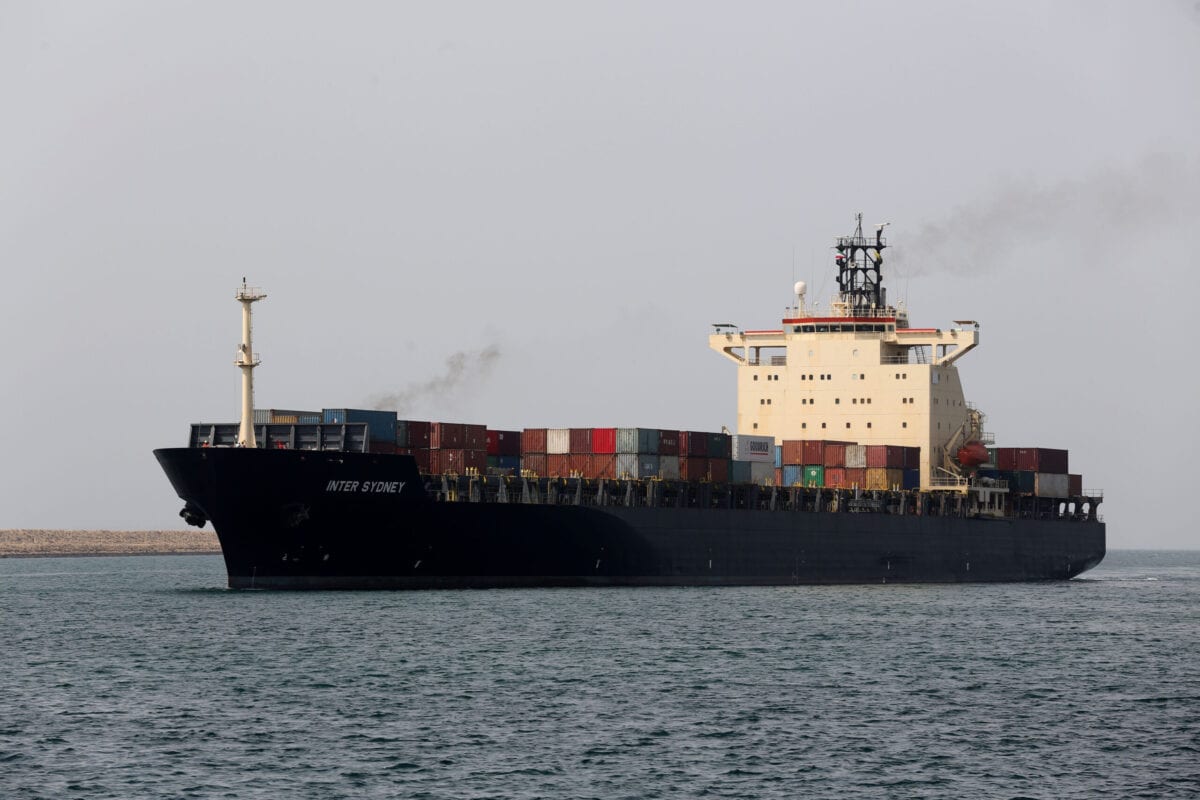 A cargo ship sails through the Shahid Beheshti Port in the southeastern Iranian coastal city of Chabahar, on the Gulf of Oman, during an inauguration ceremony of new equipment and infrastructure on February 25, 2019. (Photo by ATTA KENARE / AFP) (Photo credit should read ATTA KENARE/AFP via Getty Images)