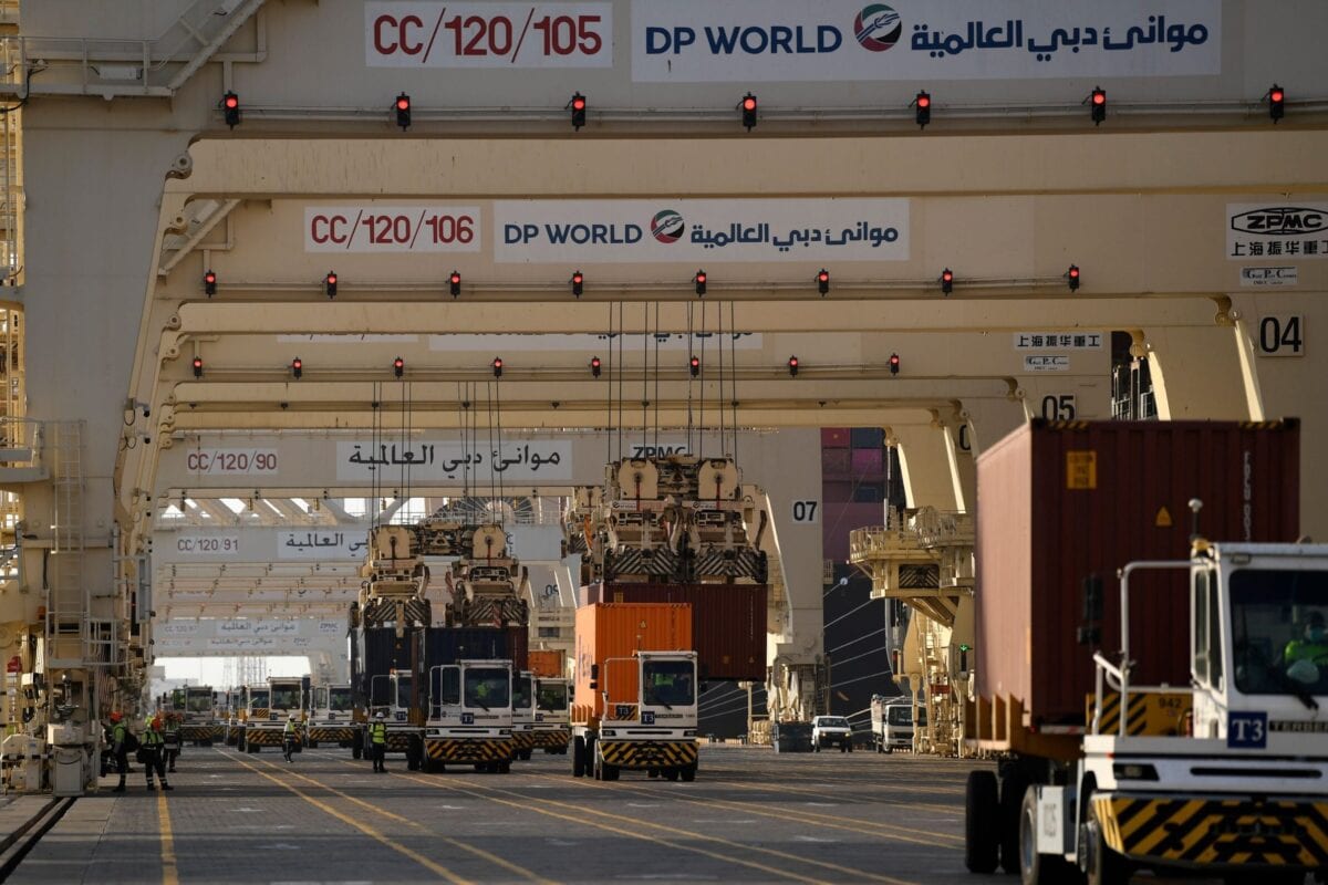 A picture taken on on June 18, 2020, shows ca partial view of the port of Jebel Ali, operated by the Dubai-based giant ports operator DP World [KARIM SAHIB/AFP via Getty Images]