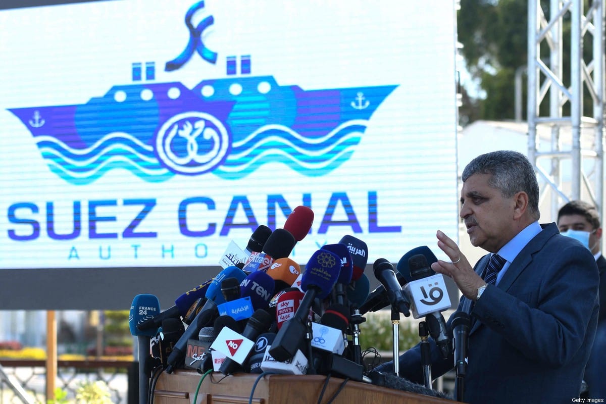 Egypt's Suez Canal Authority chief Osama Rabie holds a press conference over the grounding of Panama-flagged MV 'Ever Given' (operated by Taiwan-based Evergreen Marine) cargo ship in the waterway, in Suez [AHMED HASAN/AFP via Getty Images]