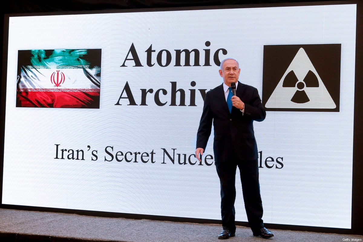 Israeli Prime Minister Benjamin Netanyahu delivers a speech on Iran's nuclear program at the defence ministry in Tel Aviv on April 30, 2018 [JACK GUEZ/AFP via Getty Images]