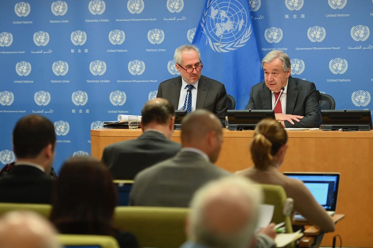 United Nations Secretary General Antonio Guterres with Stephane Dujarric (L), Spokesman for the Secretary General on 4 February 2020 in New York City [ANGELA WEISS/AFP/Getty Images]