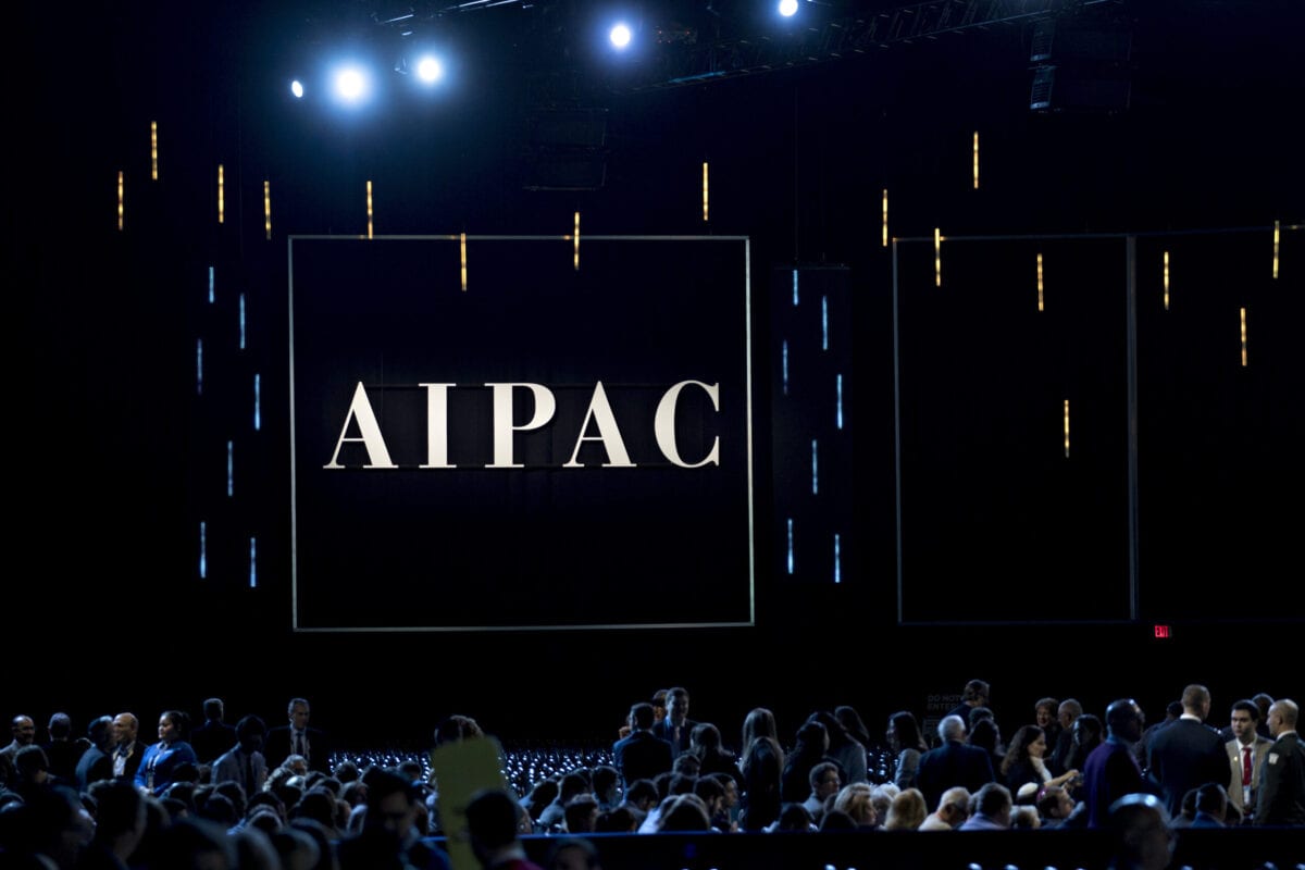 The AIPAC logo is displayed during the policy conference in Washington, D.C., U.S., on Monday, March 25, 2019. The pro-Israel lobbying group's three-day meeting in Washington kicked off Sunday and features speeches from Vice President Mike Pence, Secretary of State Michael Pompeo, and the Democratic and Republican leaders of the House and Senate, as well as Israeli officials. Photographer: Andrew Harrer/Bloomberg via Getty Images