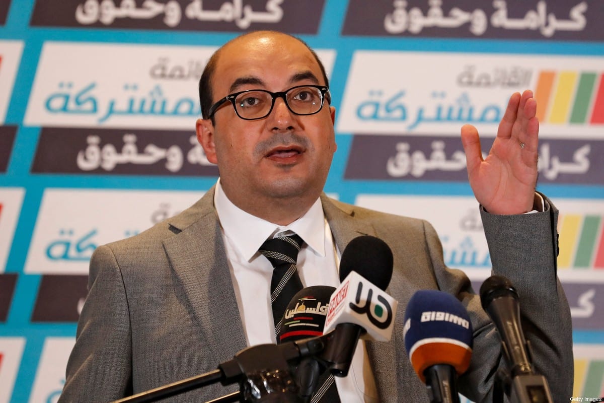 Sami Abu Shehadeh, a member of the Knesset for the Joint List and leader of Balad party, speaks during a press conference to announce the launch of their campaign on February 20, 2021. [AHMAD GHARABLI/AFP via Getty Images]