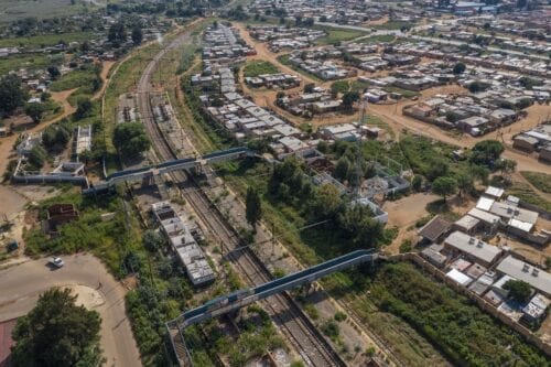 This aerial view shows the dilapidated Kliptown train station in Soweto, on March 16, 2021 [MICHELE SPATARI/AFP via Getty Images]