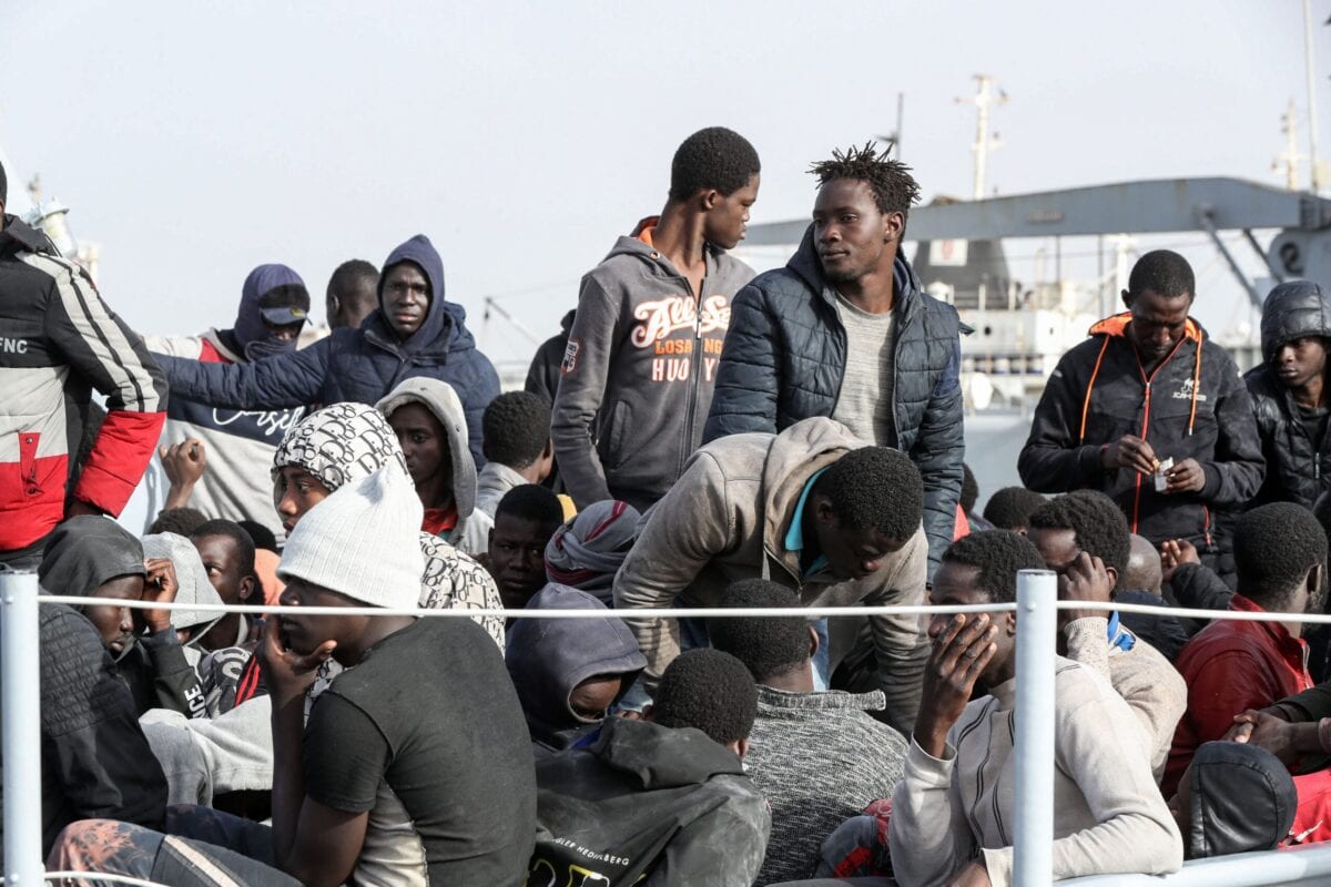 Migrants arrive at the naval base in the Libyan capital of Tripoli on April 29, 2021 [MAHMUD TURKIA/AFP via Getty Images]