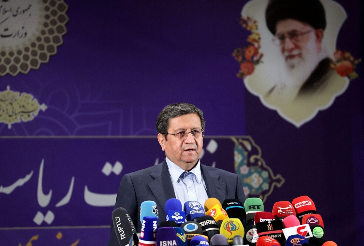 Head of Iran's Central Bank Naser Hemati (Hemmati) talks to journalists after registering his candidacy for the June presidential elections, at the Interior Ministry in the capital Tehran, on May 15, 2021. (Photo by ATTA KENARE / AFP) (Photo by ATTA KENARE/AFP via Getty Images)