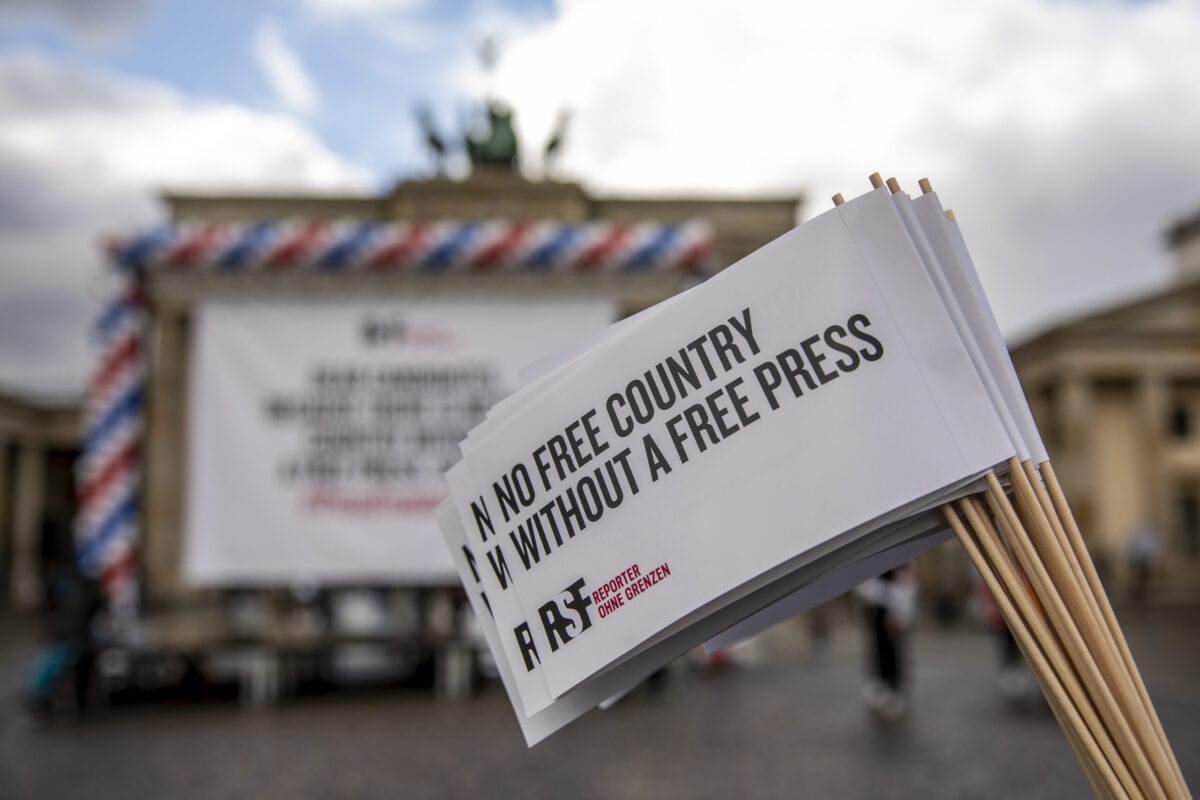 Supporters of Reporters Without Borders (RSF) on October 07, 2020 [Maja Hitij/Getty Images]