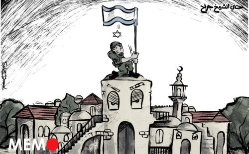 Israel soldiers attack Palestinians resisting forceful eviction in Sheikh Jarrah [Sabaaneh/MiddleEastMonitor]