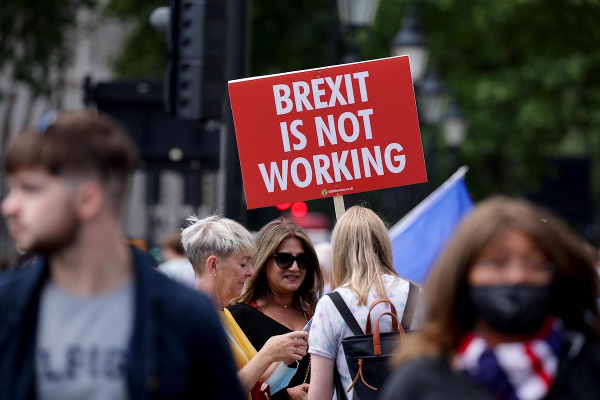 Anti-Brexit activists marking the fifth anniversary of the UK's EU membership referendum demonstrate outside the Houses of Parliament in London, United Kingdom on June 23, 2021 [David Cliff/Anadolu Agency]