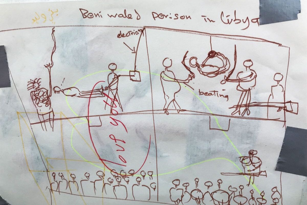 A picture taken on August 17, 2019, onboard the 'Ocean Viking' rescue ship, jointly operated by French NGOs SOS Mediterranee and Medecins sans Frontieres (MSF) in the Mediterranean Sea, shows a drawing of a torture scene in Bani Walid secret prison in northwest Libya made by a rescued migrant called Adam. [ANNE CHAON/AFP via Getty Images]