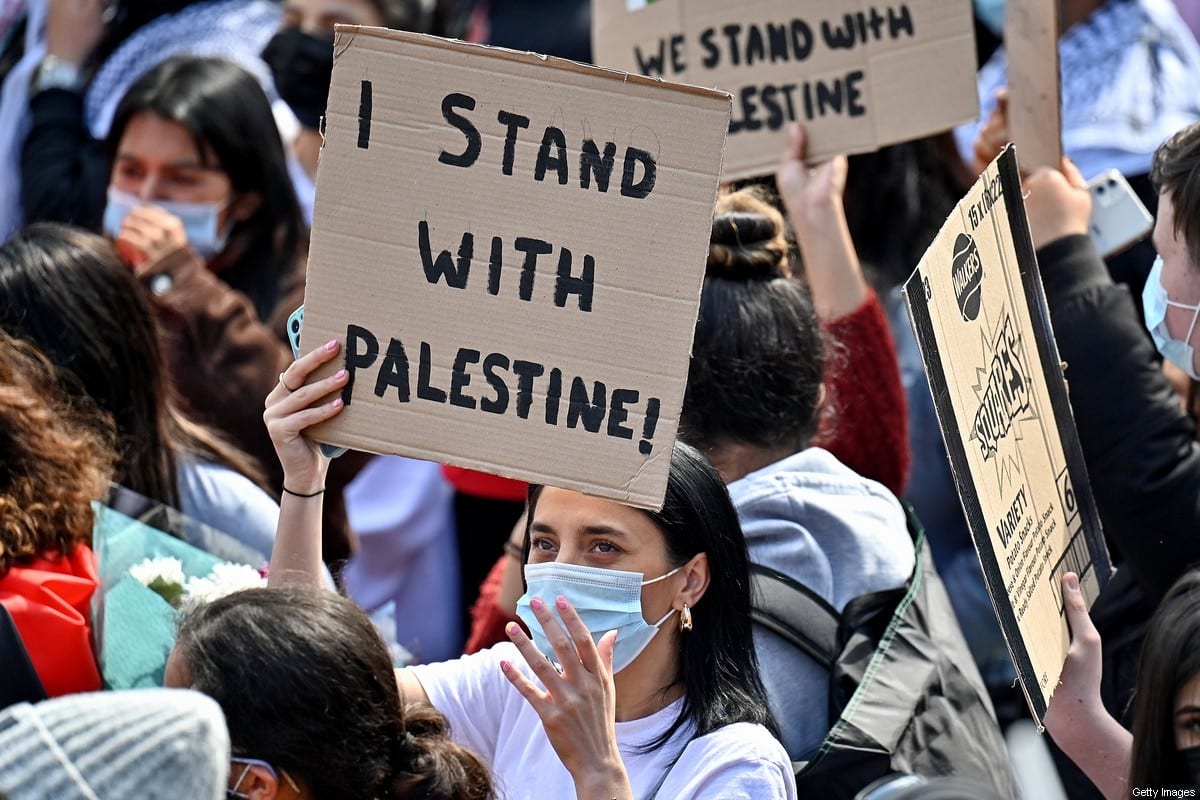 GLASGOW, SCOTLAND - MAY 16: Protestors have gathered in solidarity with the people of Palestine amid ongoing conflict in Gaza on May 16, 2021 in Glasgow, Scotland. The demonstration comes amid spiraling violence in Israel and Palestine and after yesterday's Palestinian Nakba (Catastrophe) Day, which commemorates the expulsion of Arabs from their homes in the 1948 war that forged modern Israel. (Photo by Jeff J Mitchell/Getty Images)