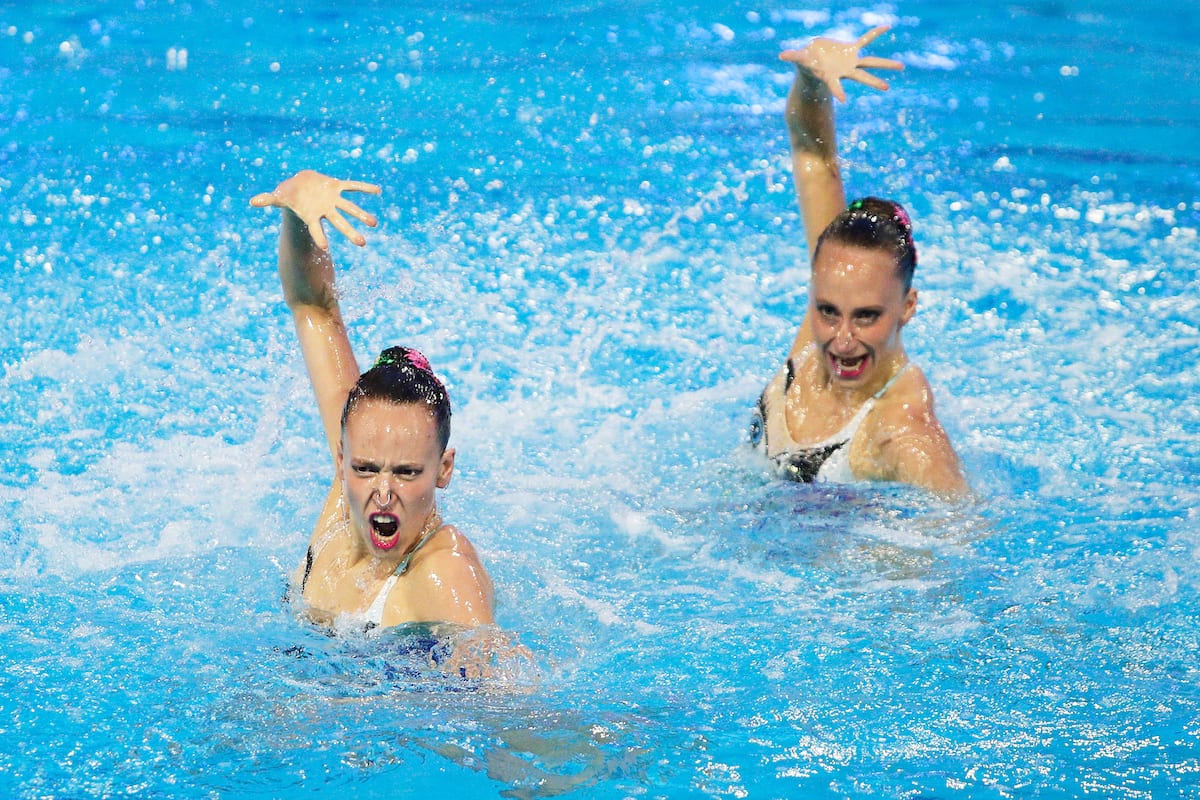 Eden Blecher and Shelly Bobritsky of Israel competes during the Duet Free Routine Final of the FINA Artistic Swimming World Series Super Final 2021 at Piscina Sant Jordi on 13 June 2021 in Barcelona, Spain. [Eric Alonso/Getty Images]