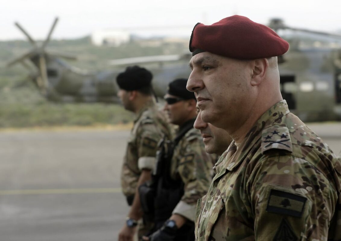 General Joseph Aoun (R), the Lebanese Army Chief of Staff, in the north of Beirut on 12 June 2018. [JOSEPH EID/AFP via Getty Images]