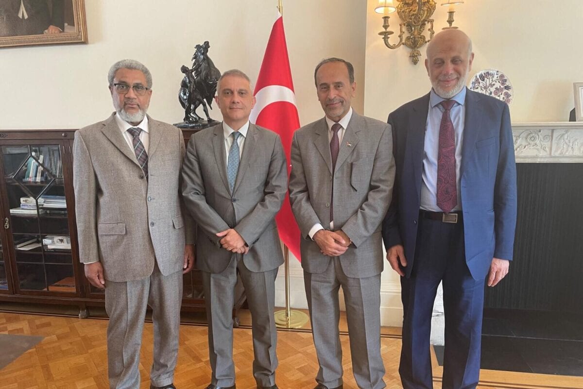From left, MEMO Director Dr Daud Abdullah, Turkish Ambassador to the UK Umit Yalcin, Chairman of EuroPal Forum Zaher Birawi and Chair of the Palestinian Forum in Britain Dr Hafez Al-Karmi in London on 16 June 2021 [Middle East Monitor]