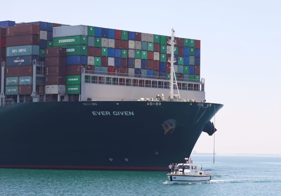 The Panama-flagged ship Ever Given set sail towards the northeastern Egyptian city of Ismailia for its departure from the Suez Canal and resumption of its voyage to the Dutch city of Rotterdam, on July 7, 2021 [Stringer - Anadolu Agency]
