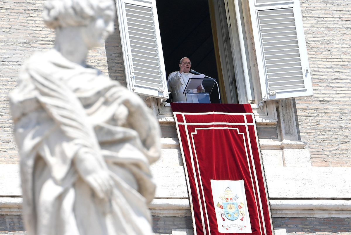 Pope Francis celebrates the Angelus from his studio window overlooking St. Peter’s Square, at the Vatican, July 18, 2021. [Isabella Bonotto - Anadolu Agency]
