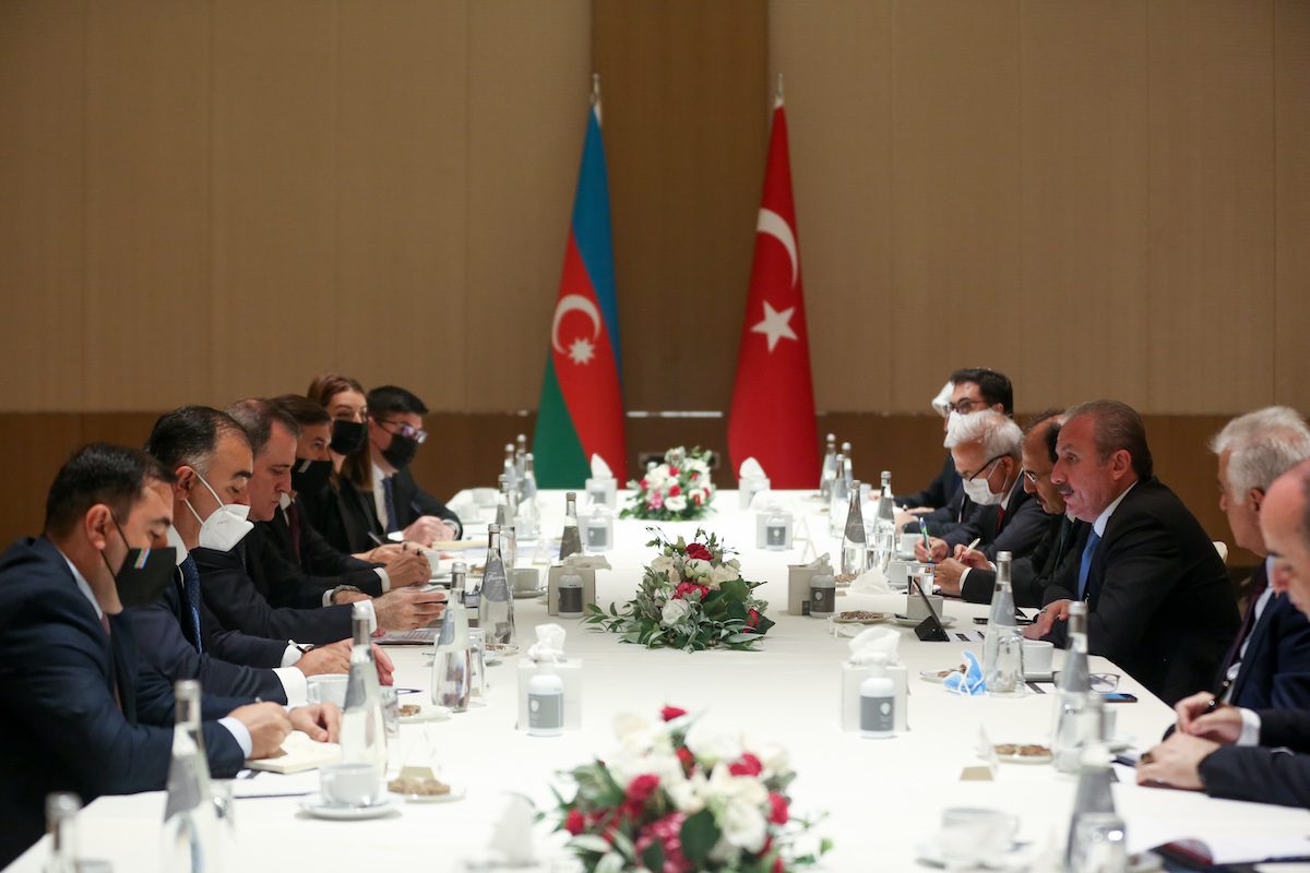 Turkish Parliament Speaker Mustafa Sentop (2nd R) meets Minister of Foreign Affairs of Azerbaijan, Jeyhun Bayramov (3rd L) in Baku, Azerbaijan on July 28, 2021. [Orhan Karslı - Anadolu Agency]