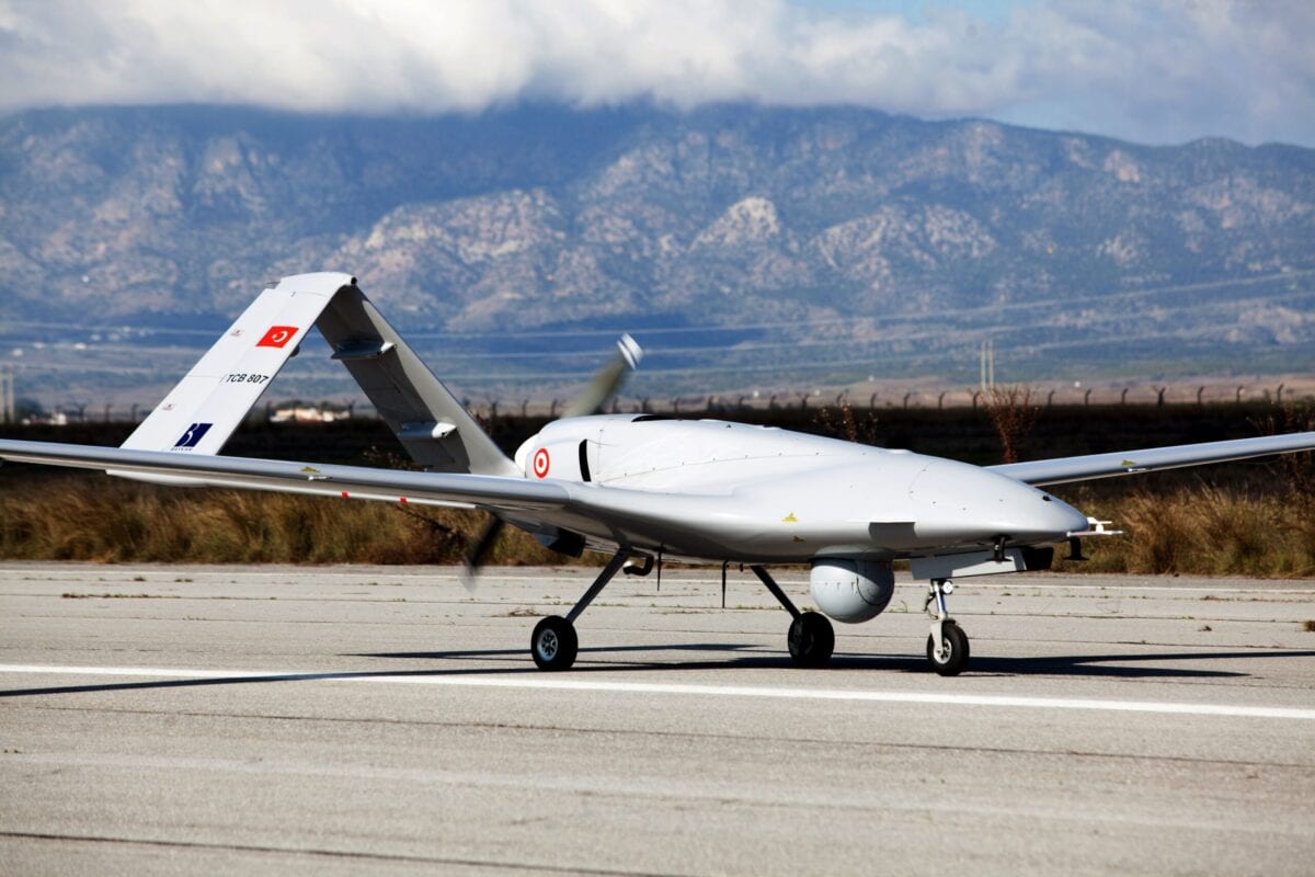 The Turkish-made Bayraktar TB2 drone is pictured on December 16, 2019 at Gecitkale military airbase [BIROL BEBEK/AFP via Getty Images]