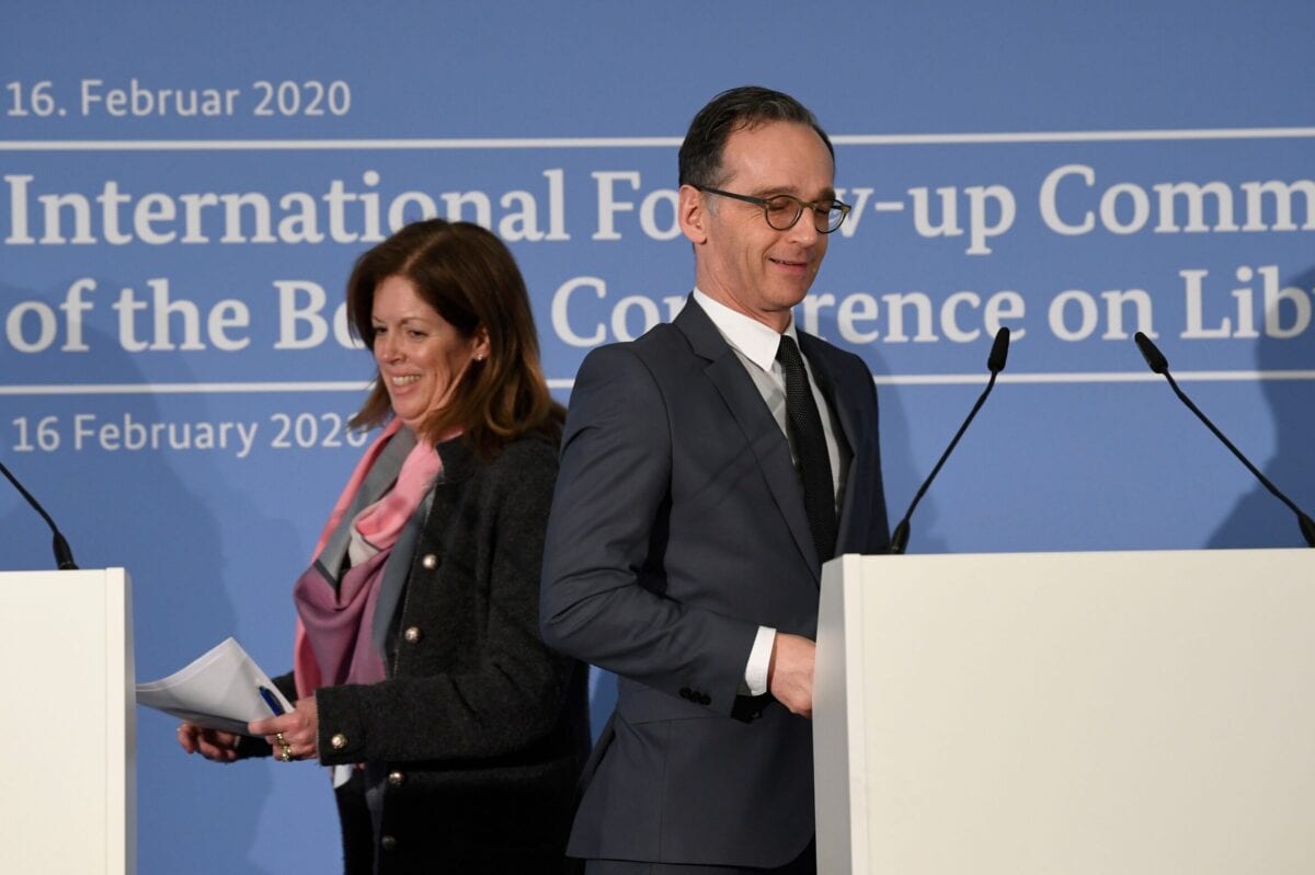 German Foreign Minister Heiko Maas (R) and the Deputy Special Representative of the UN Secretary-General for Political Affairs in Libya on February 16, 2020 [THOMAS KIENZLE/AFP via Getty Images]