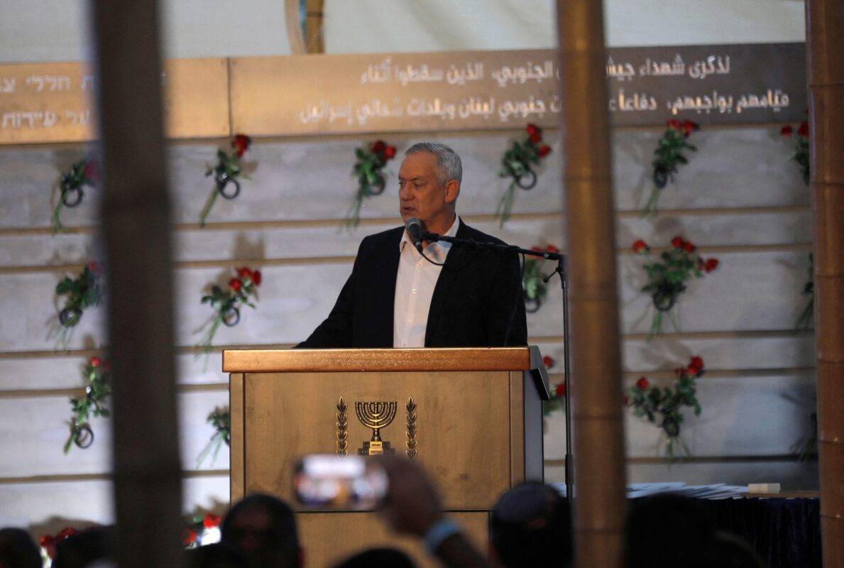 Israeli Defence Minister Benny Gantz takes part in a ceremony in the northern town of Metula by the Lebanon border, on July 4, 2021, to inaugurate a monument commemorating members of the "South Lebanon Army", a proxy militia of Israel during its 1982-2000 military involvement in Lebanon, who died in fighting. (Photo by JALAA MAREY / AFP) (Photo by JALAA MAREY/AFP via Getty Images)