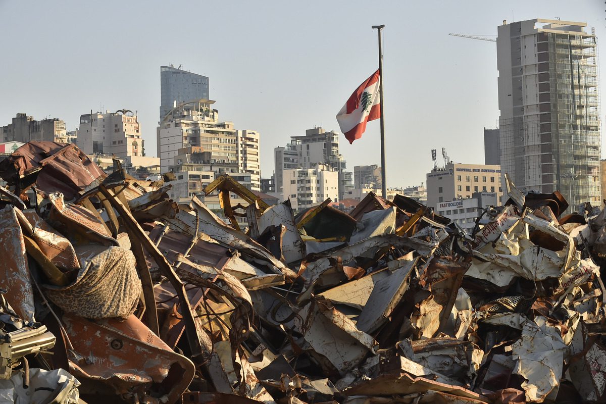 A view of devastated Beirut port, almost one year after the August 2020 massive explosion Lebanon, 3 August 2021 [Hussam Shbaro/Anadolu Agency]