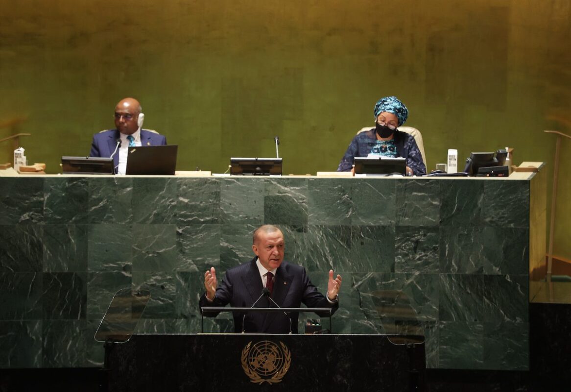 Turkish President Recep Tayyip Erdogan addresses the participants at the 76th session of United Nations General Assembly, in New York, United States on 21 September 2021. [Murat Kula - Anadolu Agency]