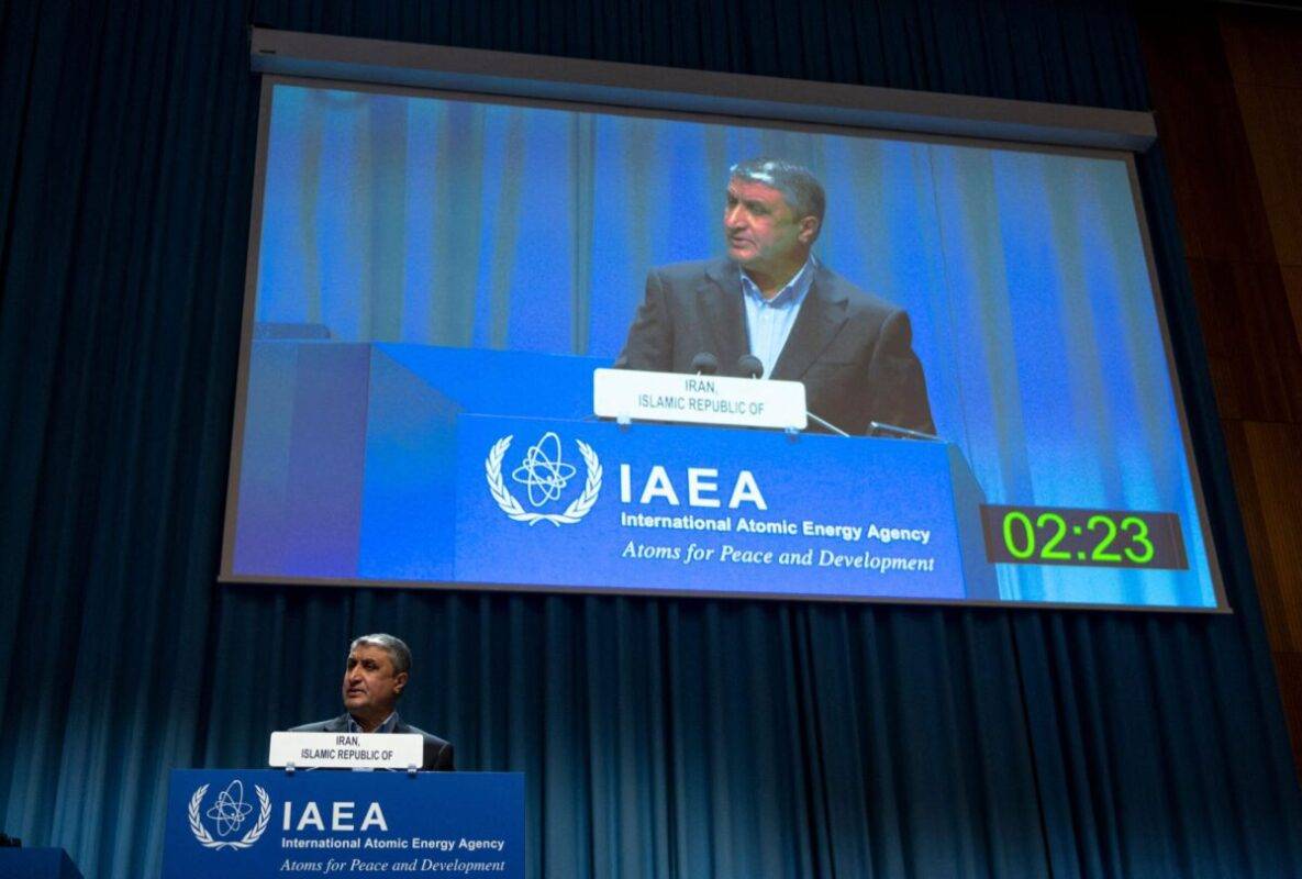 Chief of the Atomic Energy Organisation of Iran Mohammad Eslami delivers a speech during the International Atomic Energy Agency (IAEA) General Conference, an annual meeting of all the IAEA member states, at the agency's headquarters in Vienna, Austria on September 20, 2021 [JOE KLAMAR/AFP via Getty Images]