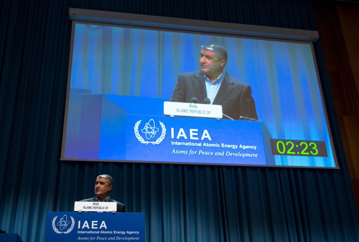 Chief of the Atomic Energy Organization of Iran Mohammad Eslami delivers a speech during the International Atomic Energy Agency (IAEA) General Conference, an annual meeting of all the IAEA member states, at the agency's headquarters in Vienna, Austria on September 20, 2021. (Photo by JOE KLAMAR / AFP) (Photo by JOE KLAMAR/AFP via Getty Images)