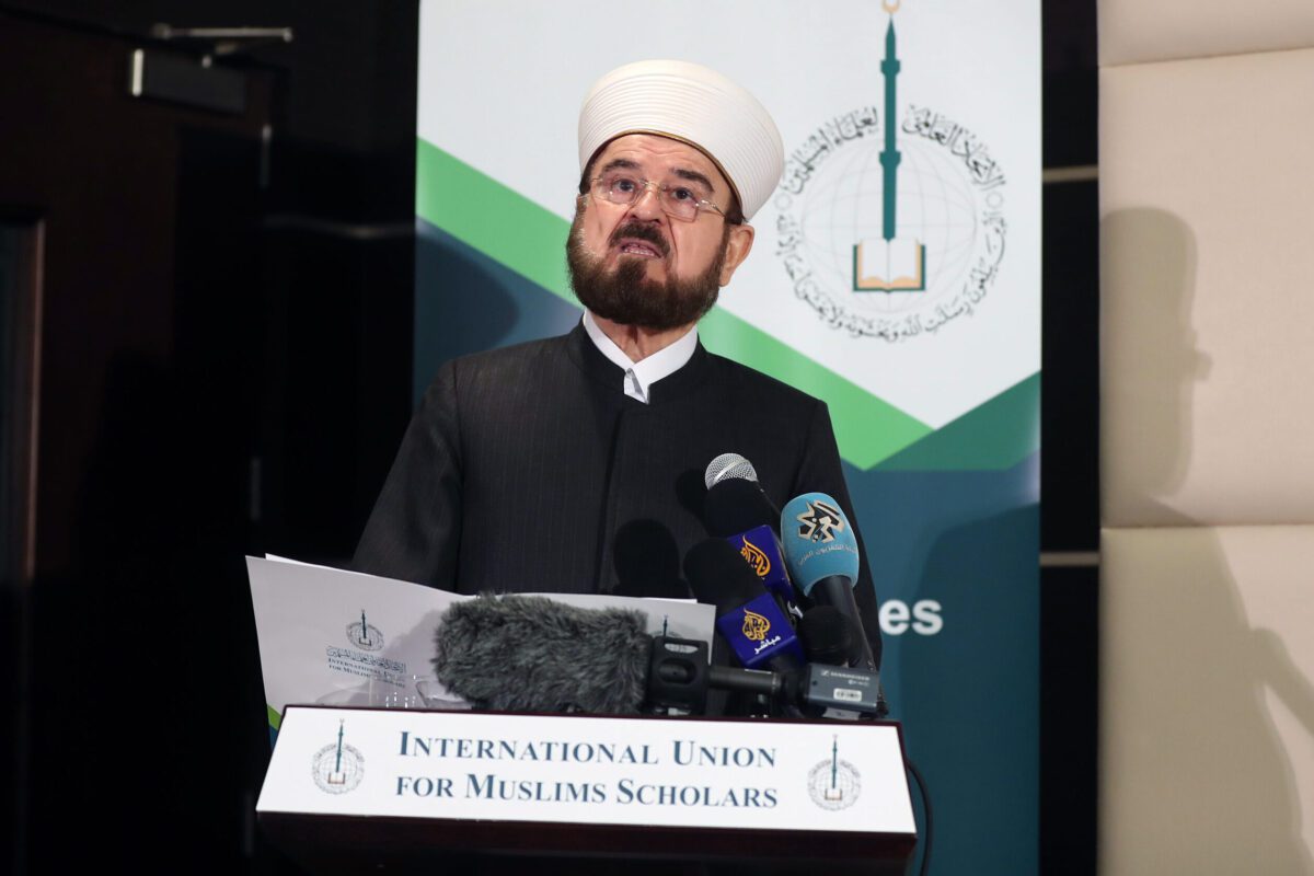 Ali Moheiddin al-Qaradaghi, Secretary-General of the International Union for Muslim Scholars (IUMS), speaks during a press conference in the Qatari capital Doha on December 1, 2017 [KARIM JAAFAR/AFP via Getty Images]