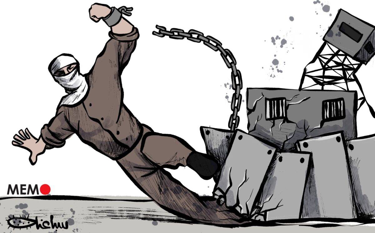 Palestinian prisoners escape from high-security prison - Cartoon [Sabaaneh/Middle East Monitor] 
